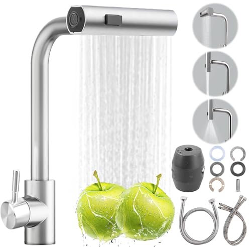 BAIFULAI Robinet de cuisine extensible avec douchette extractible, mitigeur d'évier extensible à levier unique avec douchette 3 modes, 1 trou pivotant à 360 °, cascade haute pression, acier inoxydable