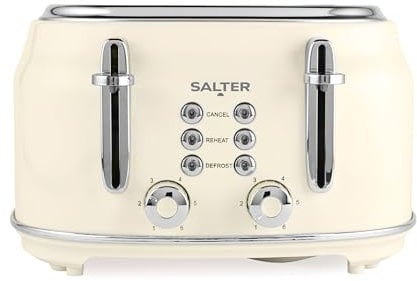 Salter Retro Tostadora de 4 Rebanadas – Ranuras Anchas, 6 Niveles, Descongelar, Recalentar, Cancelar, Bandeja removible para Migas, Expulsión Elevada, Auto-Centrado, 1630W, Crema, EK5739CRMVDE