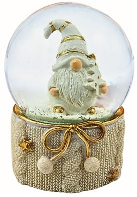 Dekohelden24 Schüttelkugel, Glaskugel Weihnachten, Wichtelkugel, Schneekugel als Wichtel mit fiefgezogener Mütze auf cremefarbenen Polystonesockel, Maße H/B/Ø Kugel: ca. 9 x 6 cm/Ø 6,5 cm.