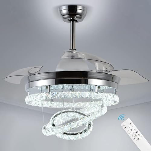 diisunbihuo 42 Dimmable Fandeliers with Lights Modern Crystal Chandelier Fan with Light LED Invisible Ceiling Fan with 3 Color Change Lights, Reversible DC Motor&Memory Function(Chrome)