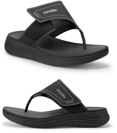 FitVille Womens Wide Fit Flip Flops Arch Support Non Slip Wedge Sandals Ladies Summer Slippers for Flat Feet Plantar Fasciitis