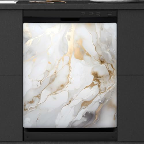 Mexpekil Golden White Marble Dishwasher Magnet Cover 23x26 in, Decorative Waterproof Dishwasher Magnetic Cover Sticker for Kitchen Appliances