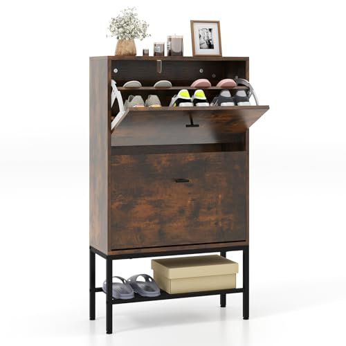 GOPLUS Schuhschrank 2 Klappen, Schuhkipper mit 4 Ablageflächen & unterem Metallregal, mit Trennwände verstellbar und abnehmbar, Schuhregal Schuhablage Schuhkommode für Flur (Rustikales Braun)