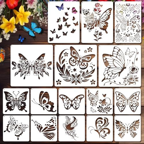 JSRQT 16 Stück Schmetterling Schablonen zum Malen, Wiederverwendbare Schablonen aus Kunststoff, Gemischte Größe Butterfly Stencil Malschablonen Set für Leinwand Holz Wand Möbel Dekoration DIY Basteln