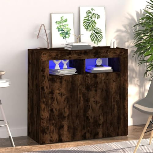 Myheimly Sideboard mit LED-Beleuchtung Schrank Anrichte Beistellschrank Kommode Mehrzweckschrank Standschrank Räuchereiche,80 cm