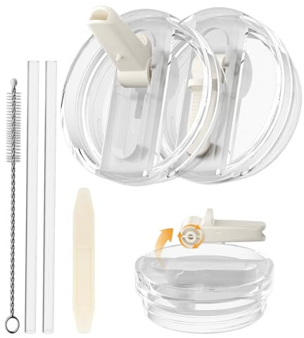 CloudValley 2 Pack Tumbler Flip Straw Lid Replacement for Stanley Quencher 40 oz, Spill-Proof Lids with Tritan Straw, [Detachable & Easy to Clean] Reusable Anti-Leak Cup Cover Accessories,white