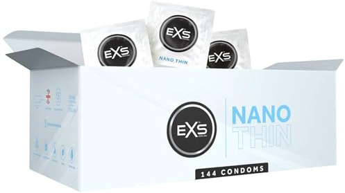 EXS Nano Thin Condoms (144 Pack) Regular Fit, Premium Latex with Non-Spermicidal Lube, Straight-Walled with Teat, PETA-Approved Vegan Condom, 3 Year Expiry Life - CE Marked NHS Approved Male Condoms