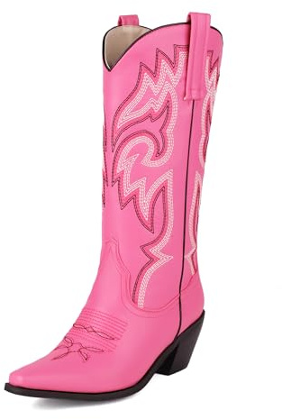 MISSUIT Women's Western Cowboy Boots Embroidered Square Toe Mid Heel Cowgirl Mid Calf Boots(Pink,3)