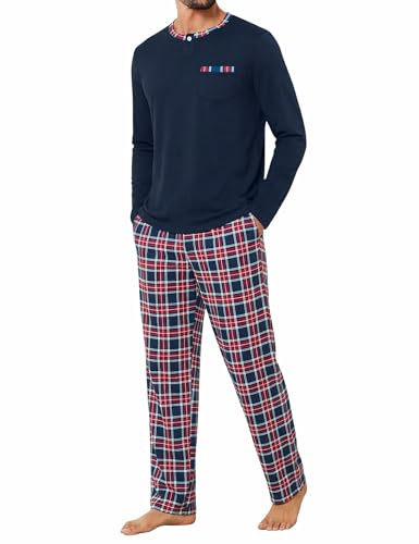Jahetuul Pyjama Homme Long en Coton Hiver à Col Rond avec Poches | Pantalon à carreaux avec poches pratiques et taille confortable, idéal comme vêtement de nuit homme pour l’hiver.