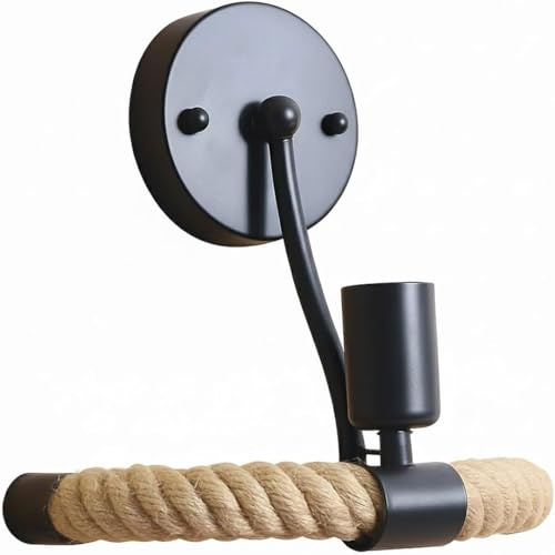 Industrial Wall Light E27, Rustic Wall Lights with Hemp Rope 180° Rotatable | Retro Black Metal Wall Sconce Light For Bedroom, Hallway, Restaurant, Bulb Not Included