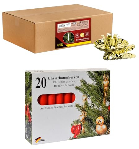 Idena 90497 - Baumkerzenhalter für den Weihnachtsbaum, 20 Stück in Gold inkl. 20 Baumkerzen in Rot, Vintage Kerzenhalter aus Metall, mit Clip für Äste bis 1,5 cm Dicke