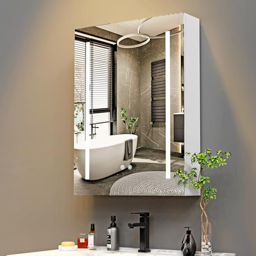 Spiegelschrank Bad mit Beleuchtung, Badezimmerschrank, Speicher Regale | Aufbewahrungsschrank, Defog, 3 Lichtfarbe Einstellbar, Speicher Regale, Badschrank mit Spiegel, Hängeschrank