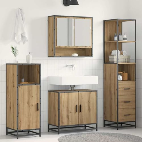 Holamys Badmöbel-Set Artisan-Eiche Holzwerkstoff, 3-teilig, Spiegelschrank, Waschbeckenunterschrank, Hochschrank, wandmontiert, Stauraum, 35x37,5x166 cm