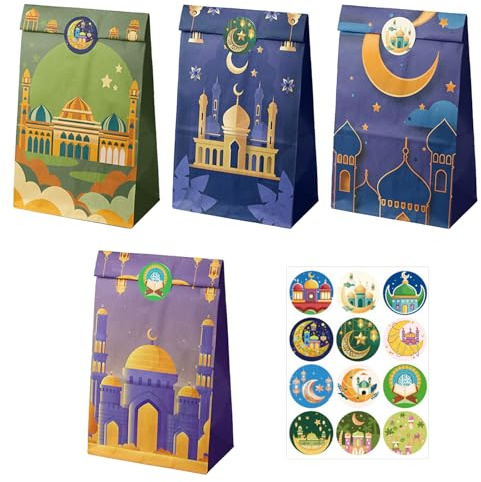 Ovanda 12 Stück Ramadan Geschenktüten, Ramadan Kalender Kinder Papiertüten mit 12 Aufklebern, Süßigkeiten Eid Mubarak DIY Geschenktüten für Muslimische Eid al-Fitr Schachteln Geschenkkartons