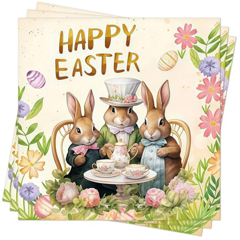 48 Stück 33x33 cm Servietten Ostern Frühling - 3-lagige Oster Servietten mit Hasen Motiv Happy Easter - Osterservietten klein gefaltet aus Papier für Party Dekoration & Basteln