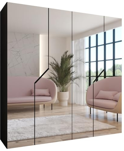 MEBLE KRYSPOL - Kleiderschrank - Garderobenschrank - 200 cm x 202 x 52 cm - Schrank mit Kleiderstange und Spiegel, 4 Türen - für Schlafzimmer, Flur - Andrew, Schwarz, Griff Schwarz