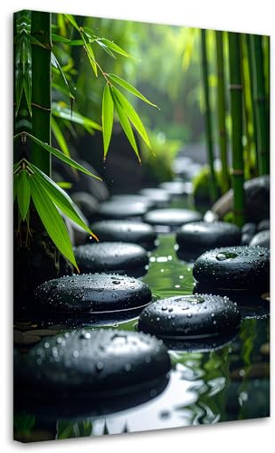 Feeby Wandbild - Wohnzimmer Modern Deko - Schwarze Steine Bambus Zen Spa - 60x90 1tlg - Bilder Leinwand - Bild auf Leinwand Schlafzimmer - Leinwandbilder für die Wand - Canvas Painting - Fotokunst
