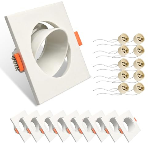 FEILEMAN GU10 Einbaustrahler,75-80mm Lochmaß, Eckig Weiß, 10er Set | GU10 Einbaurahmen 230V mit GU10 Fassung, 30° schwenkbare, Ideal für Austausch & Renovierung, Ohne Leuchtmittel