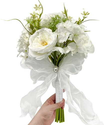 SNAIL GARDEN Artificial Bridal Bouquet with Pearl Accent & Mesh Ribbon Bow – Lifelike Silk Wedding Flowers Handheld for Bride, Vase Fillers or Gift (31cm)