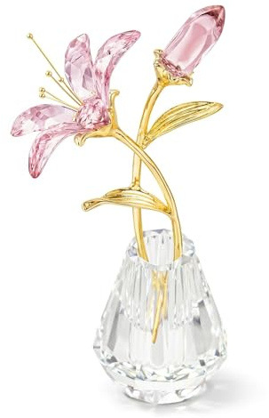 EVERGOODS Crystal Lily Flower Figurine – Glass Lilium with Metal Stem in Crystal Vase, Pink/Purple Collectible Ornament for Wedding, Valentine's Day, Home Decor, Gift (Pink)