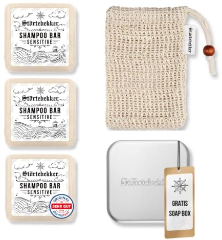 Störtebekker® Premium Duschset - Festes Shampoo Sensitiv pH-neutral (x3), Soap Bag + GRATIS Soap Box Aluminium - Mildes Haarshampoo - Handgefertigt in Seifenmanufaktur