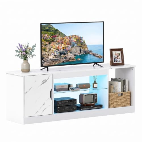 COSTWAY 148cm TV Unit, LED TV Stand Cabinet for 65 Inch TVs (Marble White) | with RGB Lights and Adjustable Glass Shelf, Wooden Media Console Table, Gaming Entertainment Center, for Living Room Bedroom