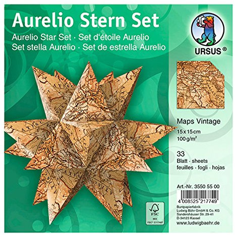 Ursus 35505500F - Faltblätter Aurelio Stern Maps Vintage, braun, 33 Blatt, aus Papier 100 g/qm, ca. 15 x 15 cm, beidseitig bedruckt, ideal als Weihnachtsdeko