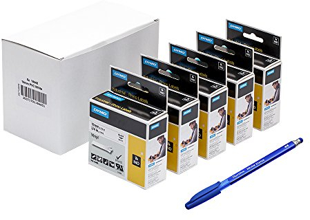 5x Dymo 18445 Rhino Vinyl Industrie Etiketten, wei selbstklebend 19mm X 5,5m Rolle, schwarz Druck auf + Papermate Kugelschreiber Geschenk