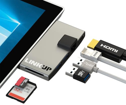 LINKUP - Microsoft Surface GO Compatible Docking Station HDMI USB C Dock | 6-in-1 SDXC Card Reader Hub | HDMI 4K USB-A 3.0 SD/MicroSD | Compatible with Original Surface GO Power Plug