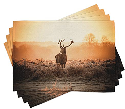 ABAKUHAUS Jagd Platzmatten, Wildnis-Natur-Landschafts-Landschaft ländliche Heathers der Rotwild-morgens Sonne, Waschbare Stoff Esszimmer Küche Tischdekorations Digitaldruck, Orange Braun