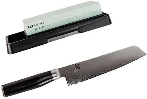 Kai Shun Premier Tim Mälzer Minamo Santoku TMM-0702 Couteau Santoku japonais ultra tranchant en acier damassé + pierre à aiguiser KAI AP-0305