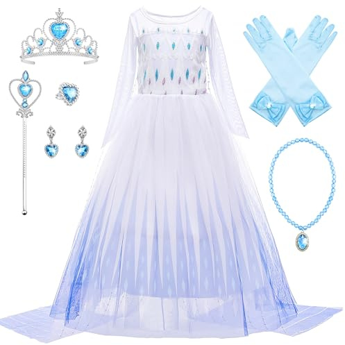 Monissy Elsa Kostüm mit Zubehöre Anna Prinzessnkleider für Mädchen Kinder Verkleidungkleid für Geburtstagsfeiern Halloween Weihnachten Verkleidung Karneval Fasching Geschenk, Blau A, 150