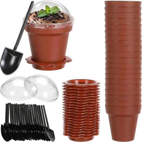 DOITOOL 20 Pack Flower Pot Dessert Cups with Lids and Spoons, 6.7 oz Mini Plastic Chocolate Pudding Cups, Cute Mini Flowerpot for Ice Cream, Dirt Cake, Fruit Trifles, Pudding, Yogurt, Mousse