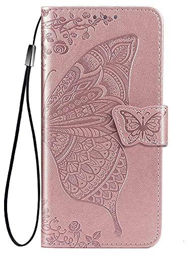 WEIOU Étui pour Samsung Galaxy A22 5G Coque, Gaufrage Papillon Protection Etui Antichoc TPU Housse Premium en Cuir PU ave Portefeuille Fentes pour Cartes. Or Rose