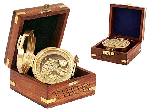 THOR INSTRUMENTS Brunton-Kompass aus Messing, mit Holzbox, magnetisch, zum Wandern, maritim, nautisches Geschenk