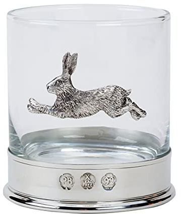 Farm Cottage Brands Lead Free pewterware Mounted 12oz Whisky Glass with a Running Hare Emblem, in a Presentation Box of 1, 2 or 4 Glasses (1)
