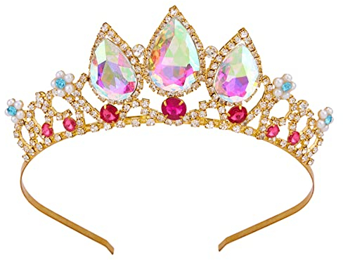 Tiaras for Girls, Vofler Rapunzel Princess Tiara - Gold Crown AB Crystal Ruby Rhinestone Pearl Headband for Little Flower Girl Kids Birthday Wedding Pageant Prom Homecoming Halloween Costume Party