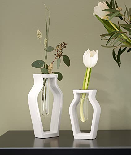 Dekoleidenschaft 2X Vase Amphore aus Porzellan, weiß glänzend, mit Reagenzglas, Blumenvase, Reagenzglasständer, Vasenset, Tischvase, Dekovase, Vasenhalter