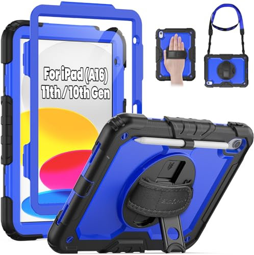 SEYMAC iPad 10th Generation Hülle 10.9 Zoll 2022, Stabile Heavy Duty Ganzkörper Stoßfeste Schutzhülle mit Displayschutzfolie, Drehbarer Ständer, Hand-/Schultergurt für iPad 10 Gen Blau/Schwarz
