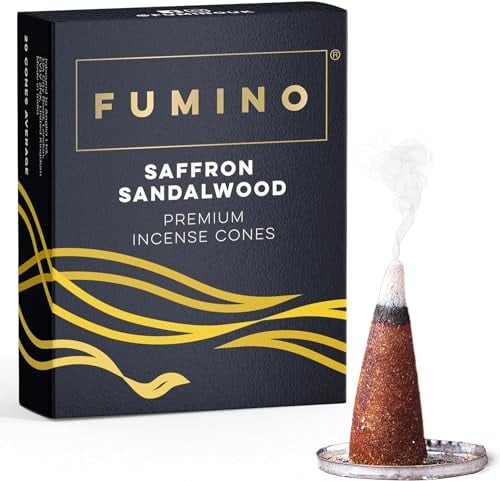 Fumino Räucherkegel mit frischem Duft Safran Sandelholz – 1 Box à 15 Kegel Masala Agarbatti Räucherkerzen Klein - Duft für Entspannung, Meditation, Linderung bei Stress und Angstzuständen