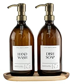 Little Crafts London - Set Of 2 Amber Glass Bottle 500 ML With Stainless Steel Pump & Oval Acacia Tray - Hand Wash & Dish Soap (Bronze 1)