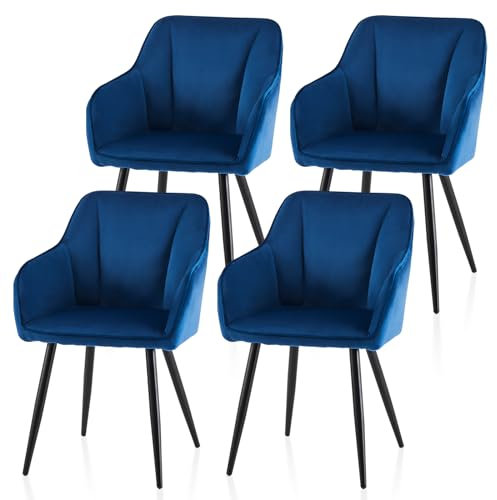 TUKAILAI Esszimmerstühle 4er Set aus Samt,Küchenstuhl Polsterstuhl Armlehnstuhl mit Armlehnen,Rückenlehnen,weiche Sitzpolster,Metallbeinen,Modern Sessel für Küche Esszimmer Wohnzimmer,Blau