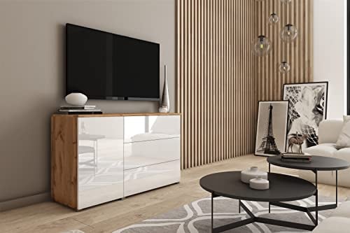 MINIO go for it - Kommode Parma, 111cm Breit, mit DREI Schubladen, Sideboard, Push to Open System, Farbe: Wotan Eiche/Weiß Hochglanz