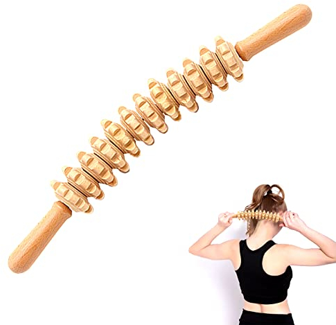 Faszienstab Holz, 41cm Massageroller Holz, 1 Stück 12-Rädriger Massage Roller mit Griff, Faszienrolle Holz für Nacken, Beine, Rücken, Körper