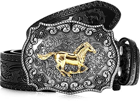 Xuniea Western Cowboy Gürtel für Männer Frauen Pferd Schnalle Gürtel Cowgirl Ledergürtel(43 Zoll Lang,Schwarz)
