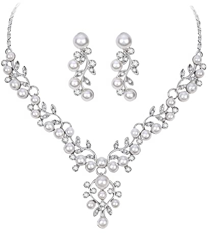 Cangall Braut Schmuckset für Damen, Strass Kristall Hochzeit Schmuckset, Glitzernde Perlen Halskette & Ohrhänger Set, Blattes Braut Brautjungfer Schmuck Sets für Frauen zur Hochzeit Verlobung Prom
