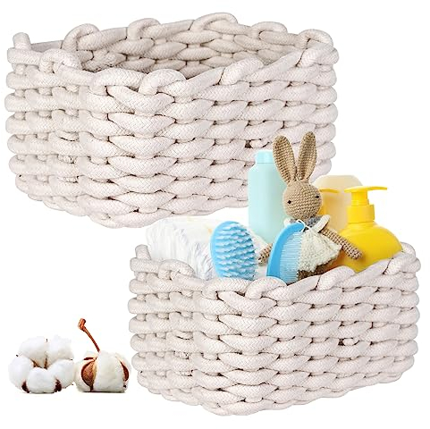 Nizirioo Lot de 2 paniers de rangement en coton tressé - Pour chambre d'enfant, salon, salle de bain - D27 x H17 cm + D33 x H22 cm - Blanc non droit