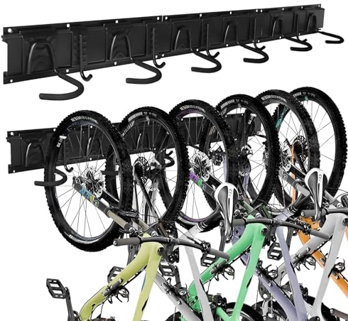 EXLECO Support Mural pour Vélos et Casque Support de Vélo Réglable avec 6 Rack Vélos et 5 Crochets, Range Velo Mural Crochet de Vélo Support vertical pour Vélos de Route ou de Montagne Garage Maison