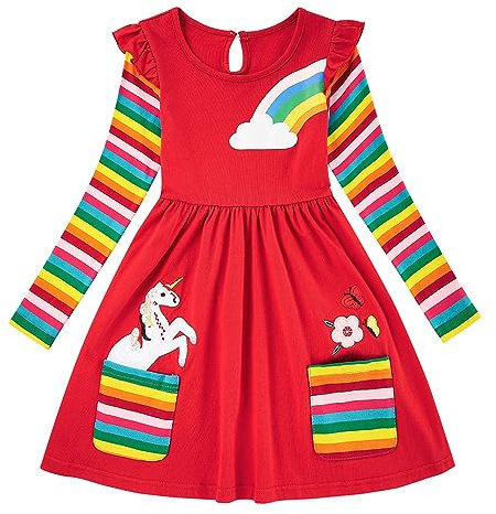 SFreeBo Jersey Dress Girls Kids Rainbow Long Sleeve T-Shirt Dresses Cartoon Dinosaur Horse Rainbow Dress Grils Pocket Jersey Dress for 7-8 Years