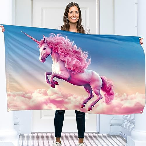 Einhorn-Flaggenbanner – rosa lustige Flagge – 110 Den Polyester – Doppelnaht – 4 Messingösen, groß 1,5 m x 0,9 m
